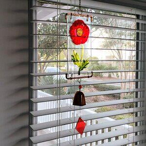 Red Poppy Stained Glass Hanging Bell Wind Chime With Copper Accents
